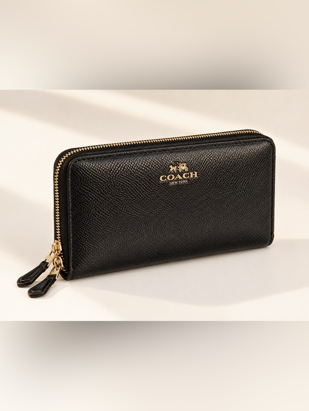 Coach Black Double Zip Accordion Wallet Gold Hardware